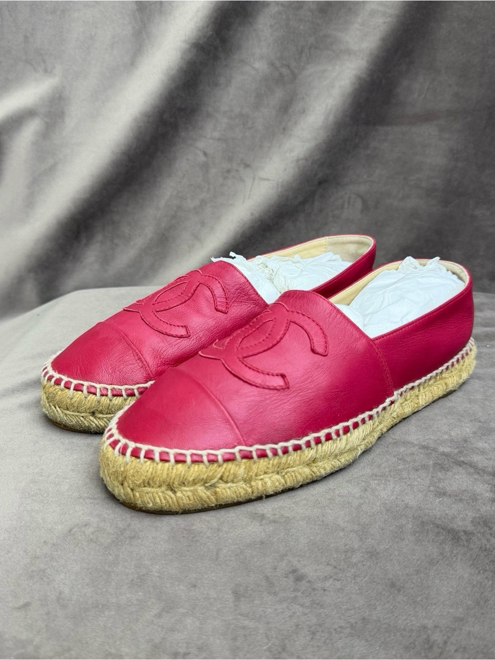 CHANEL Fuchsia Leather Espadrilles with Braided Jute Sole